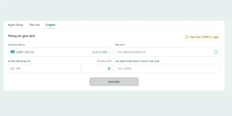 Thông tin cần điền để rút tiền qua crypto